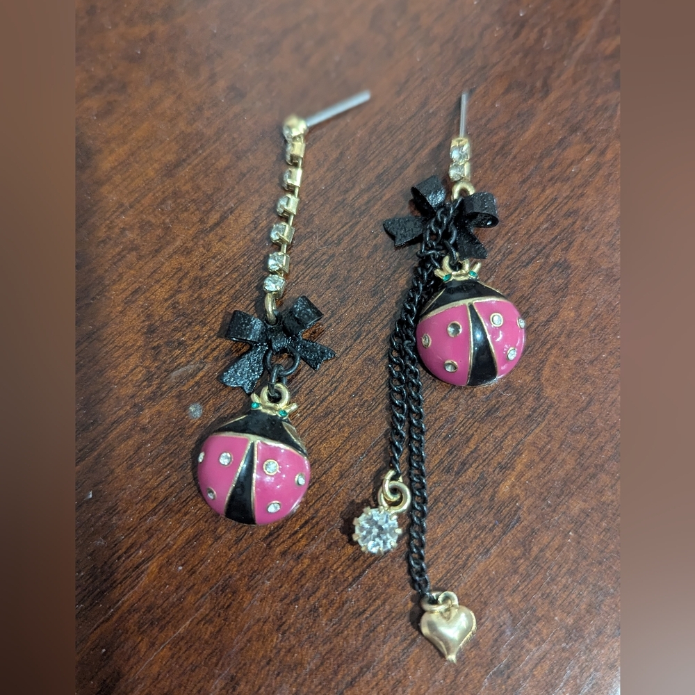 Vintage Betsy Johnson Pink Ladybug Asymmetrical Earrings with Black Bows.